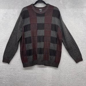 System Men's Sweater Red Gray Check Knit Pullover Long Sleeve Crew Neck Size L